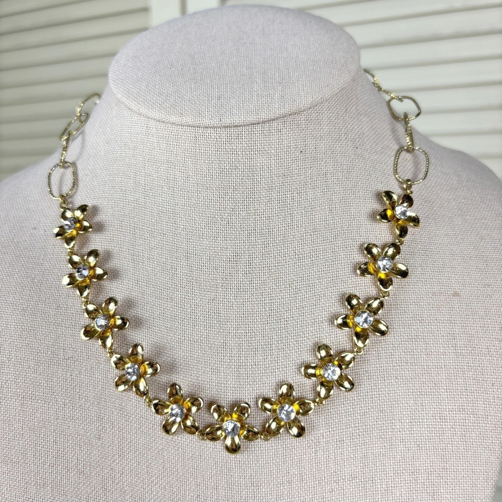 Beautiful‎ Ann Taylor Gold Tone Floral Statement Necklace Rhinestone 90s Vintage